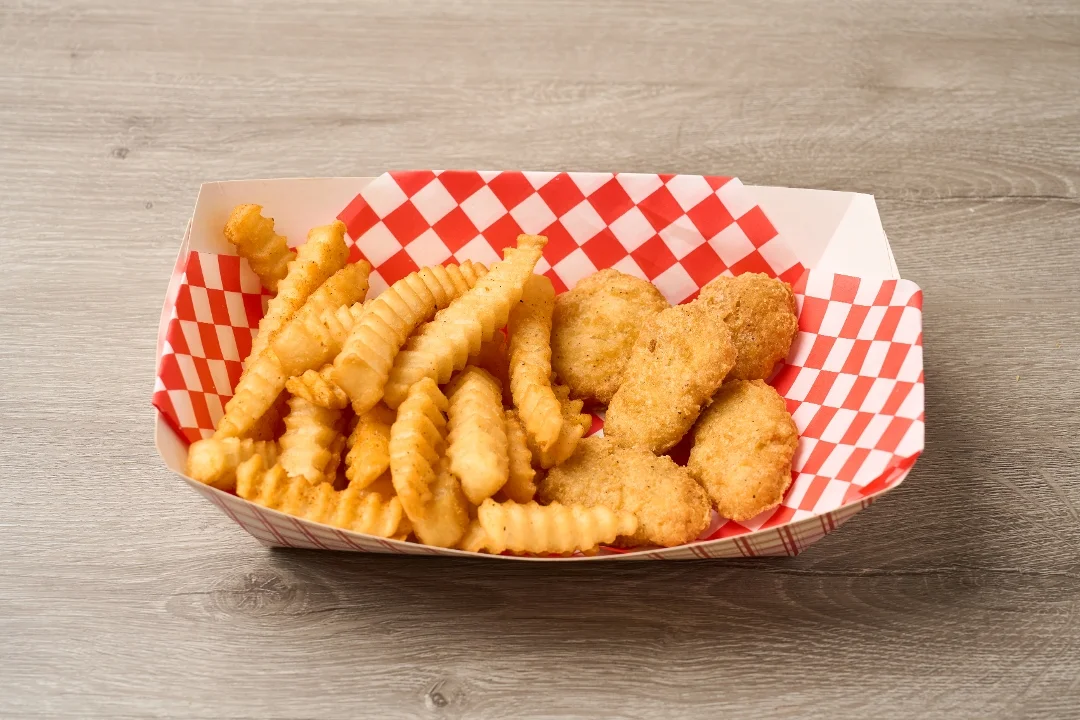A portion of crinkle-cut fries paired with crispy chicken nuggets, served in a checkered takeout container.