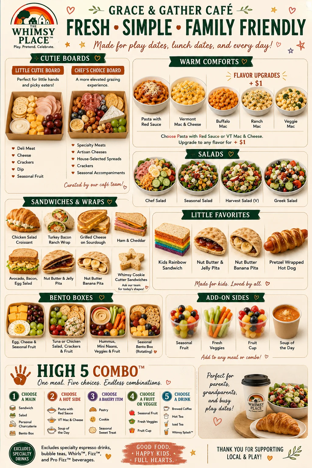 A menu layout for the Grace & Gather Café, showcasing various food options including cutie boards, sandwiches, salads, and bento boxes, all designed for kids.