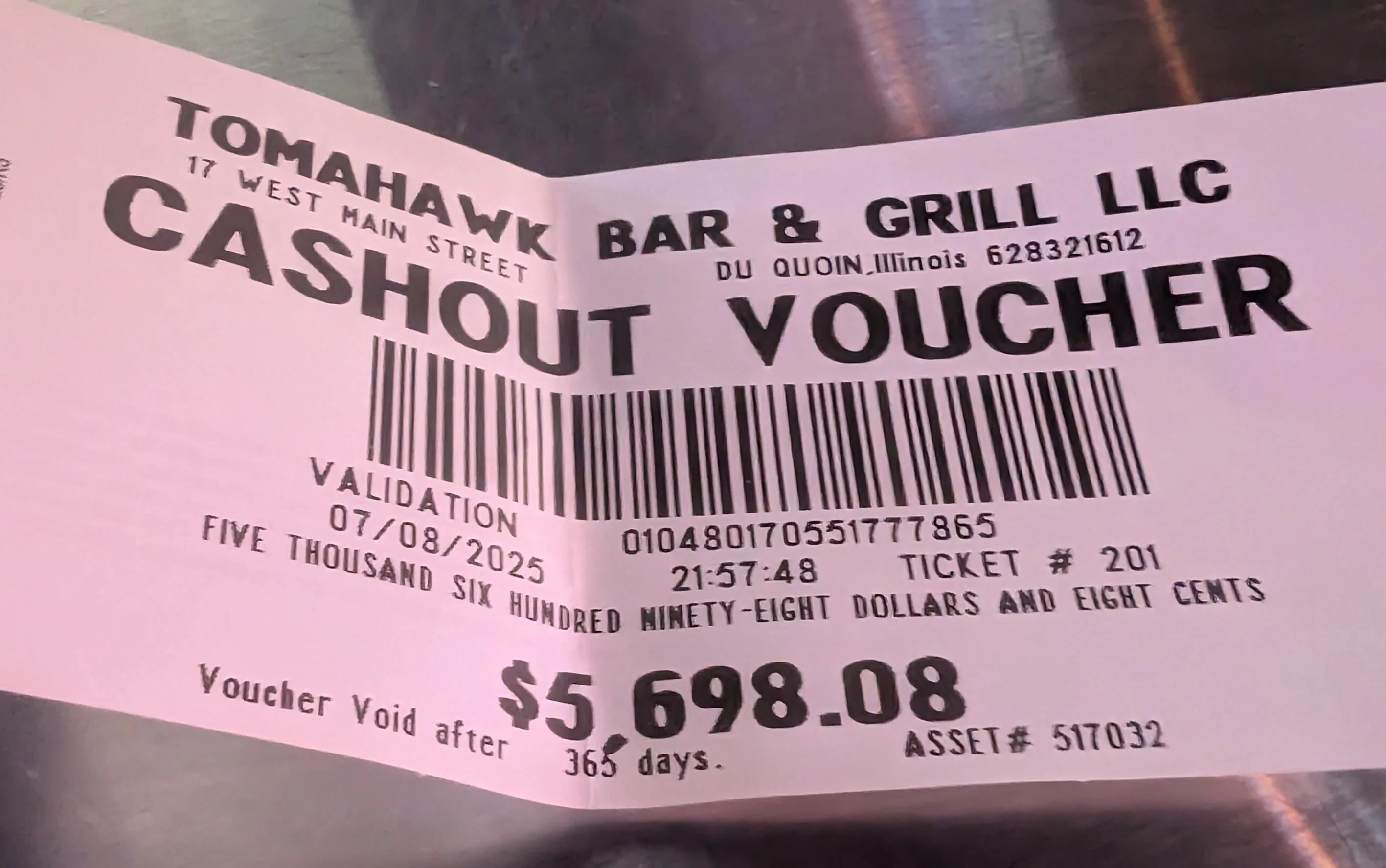 Cashout voucher from Tomahawk Bar & Grill in Du Quoin, Illinois