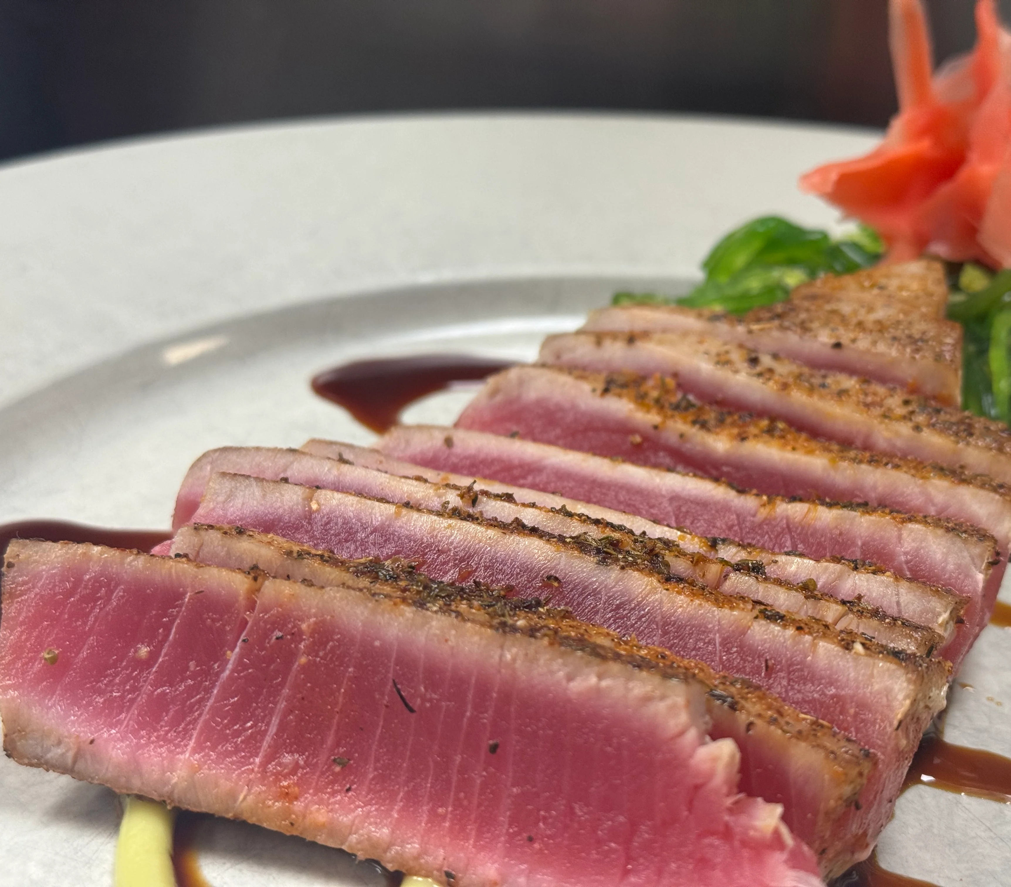 Seared tuna sashimi with wasabi and pickled ginger