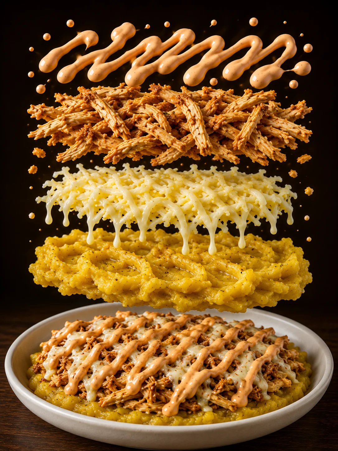 A dish featuring a base of mashed yellow plantains topped with shredded chicken, drizzled with sauces, and garnished, arranged in a bowl.