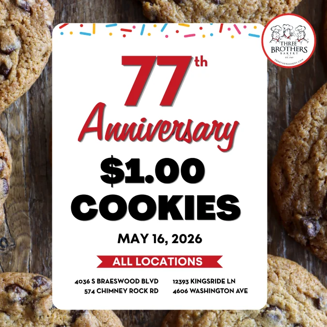 Celebrating 77th anniversary with $1 cookies on May 16, 2026.
