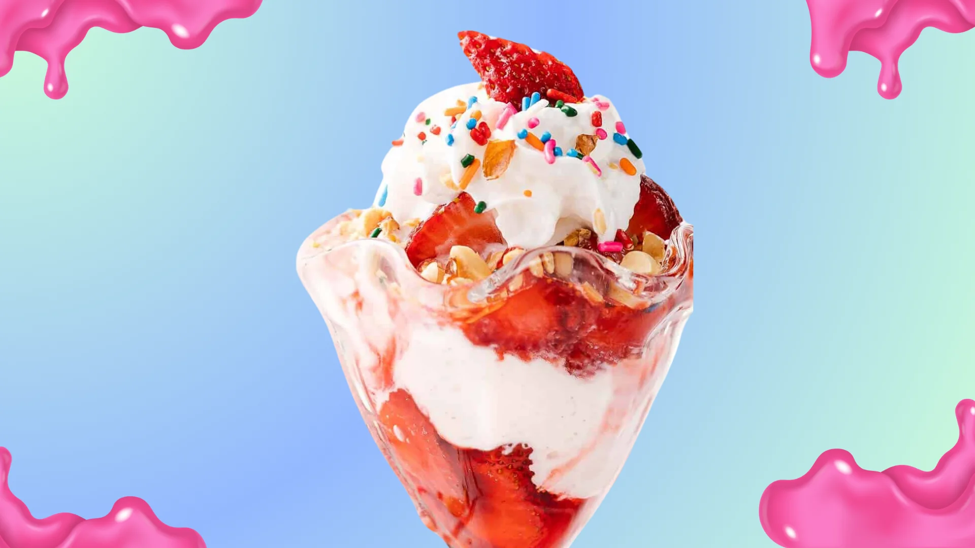 Classic American sundae topped with whipped cream and a cherry