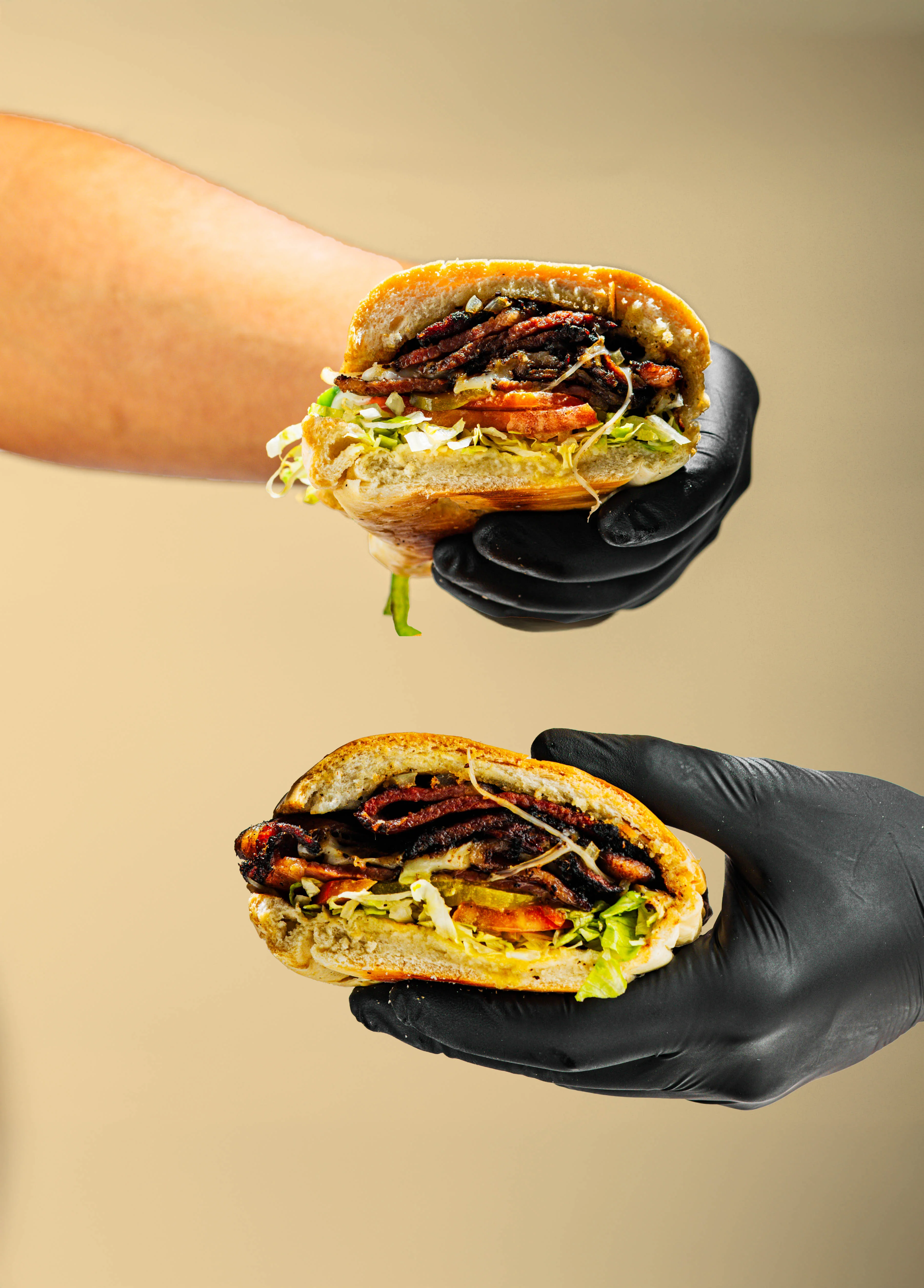 Delicious Mexican torta with grilled meat and fresh toppings