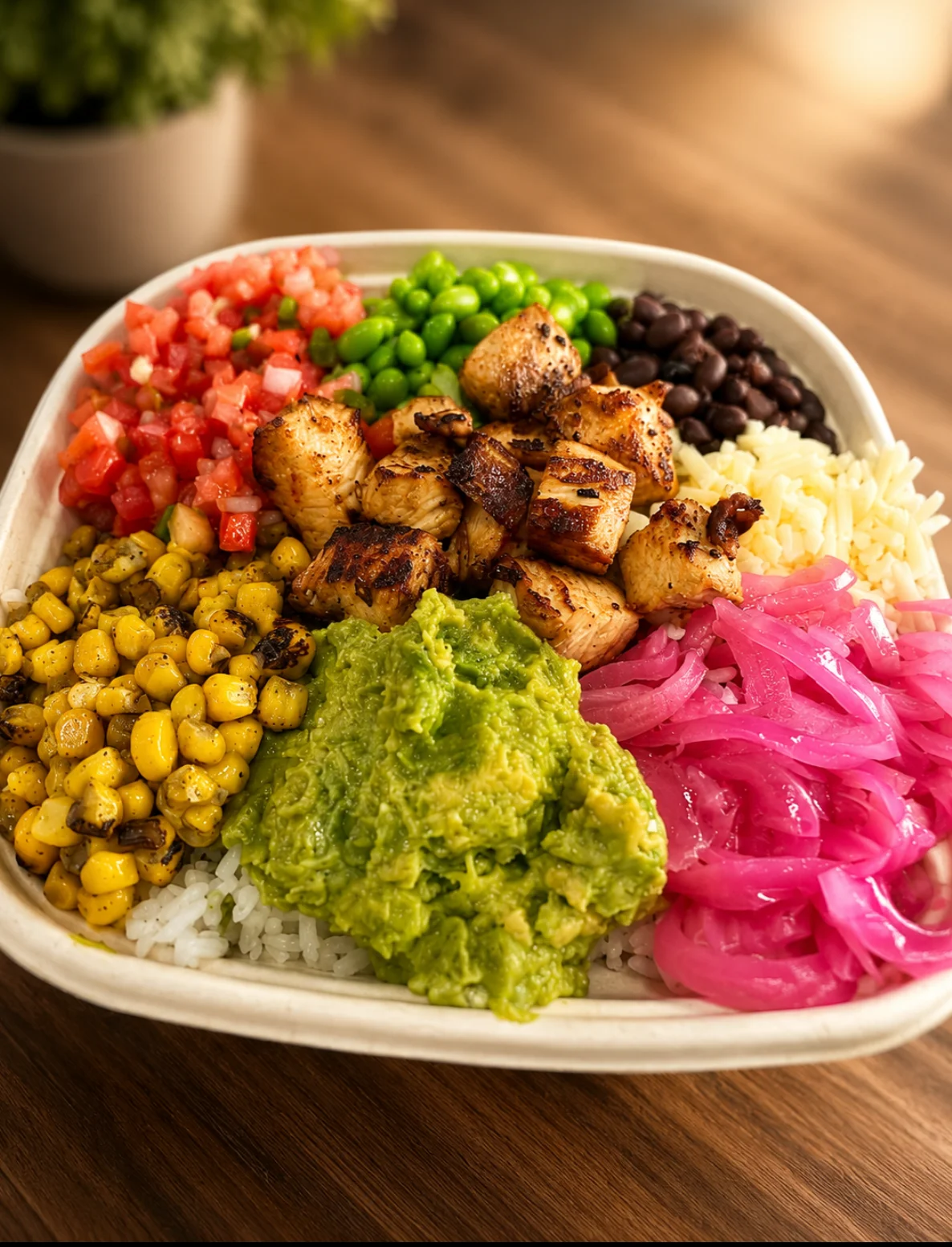 Colorful Mexican burrito bowl with grilled chicken