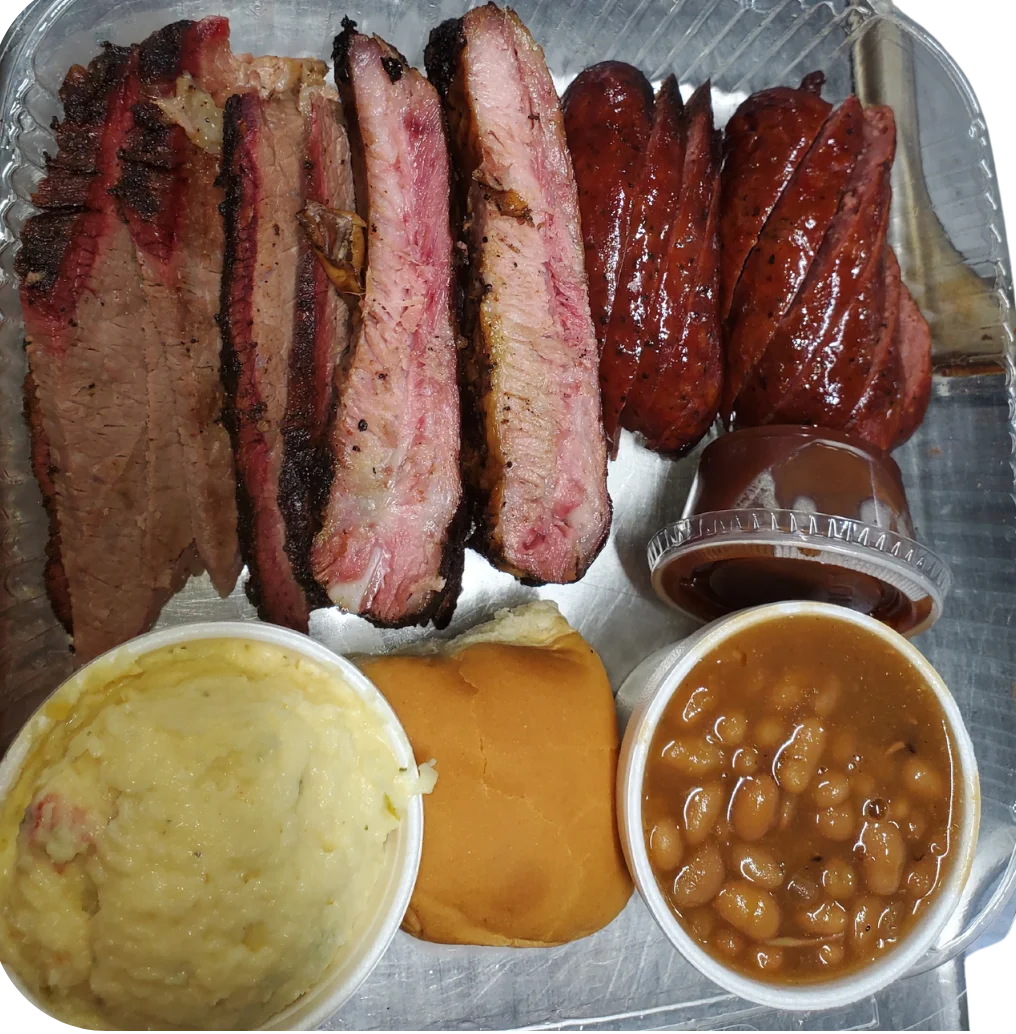 Texas-style barbecue platter with brisket and sausage