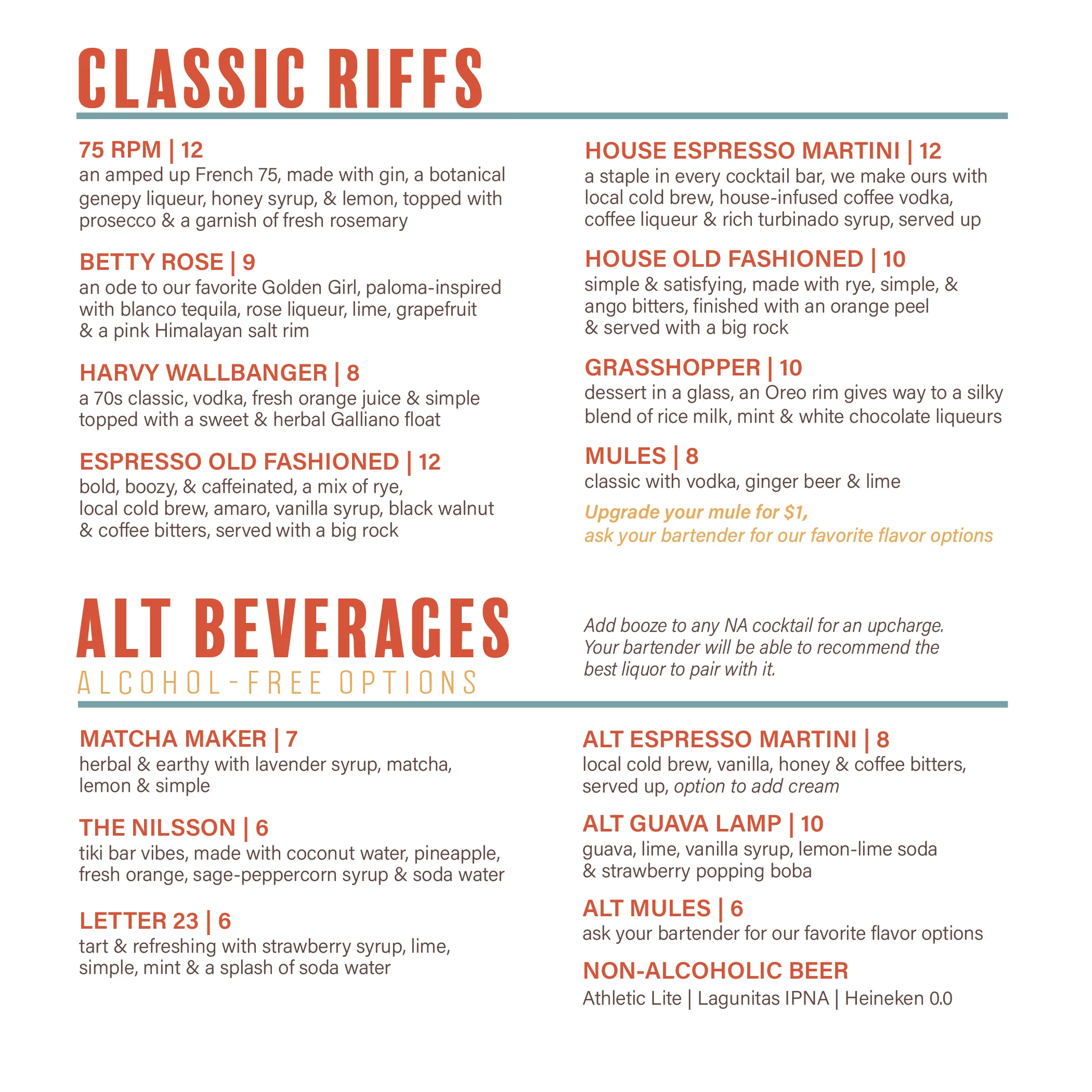Menu featuring classic cocktails and alcohol-free options.