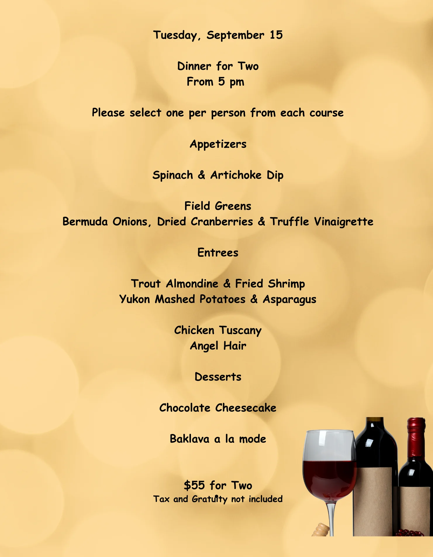 Elegant dinner menu for two featuring appetizers, entrees, and desserts