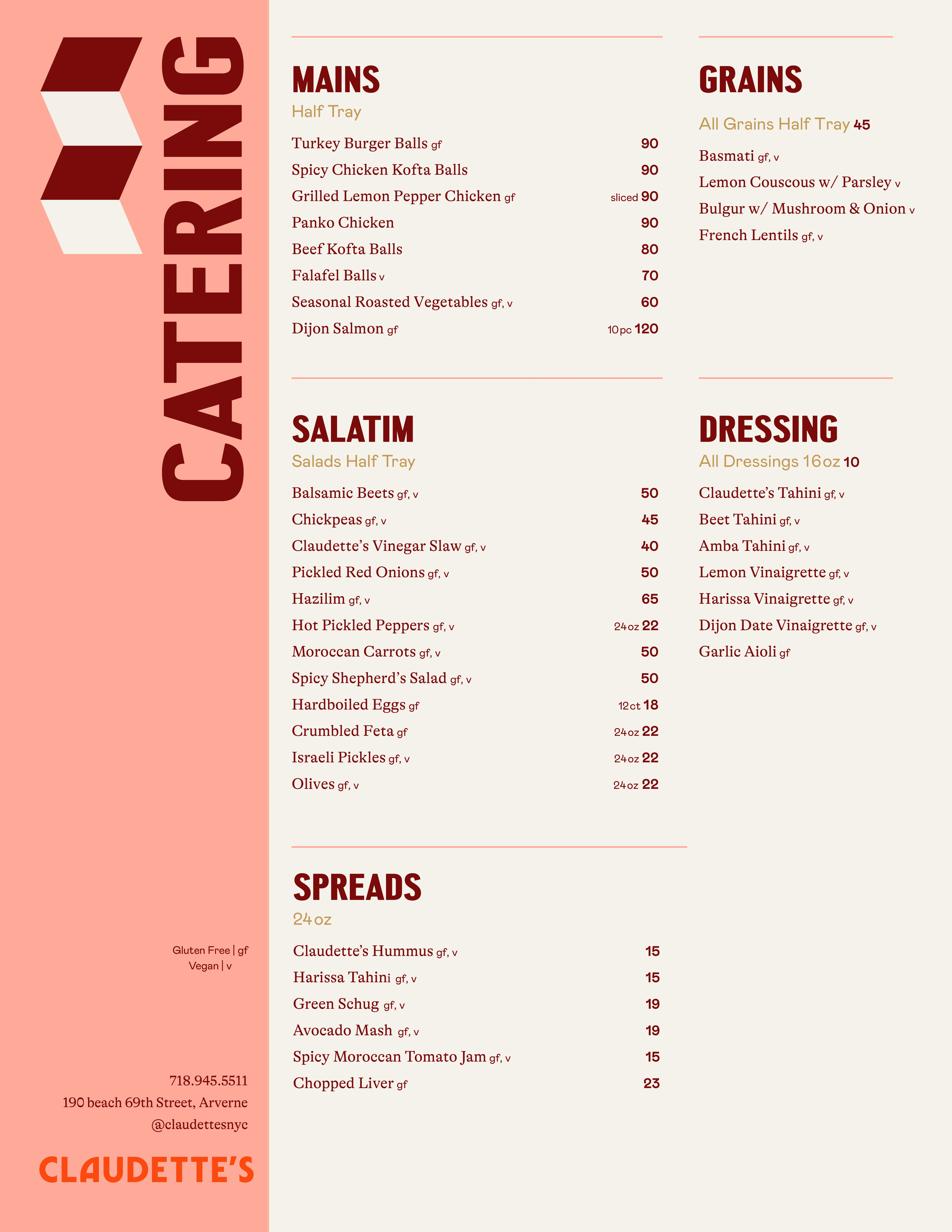 Catering menu featuring Mediterranean dishes and spreads