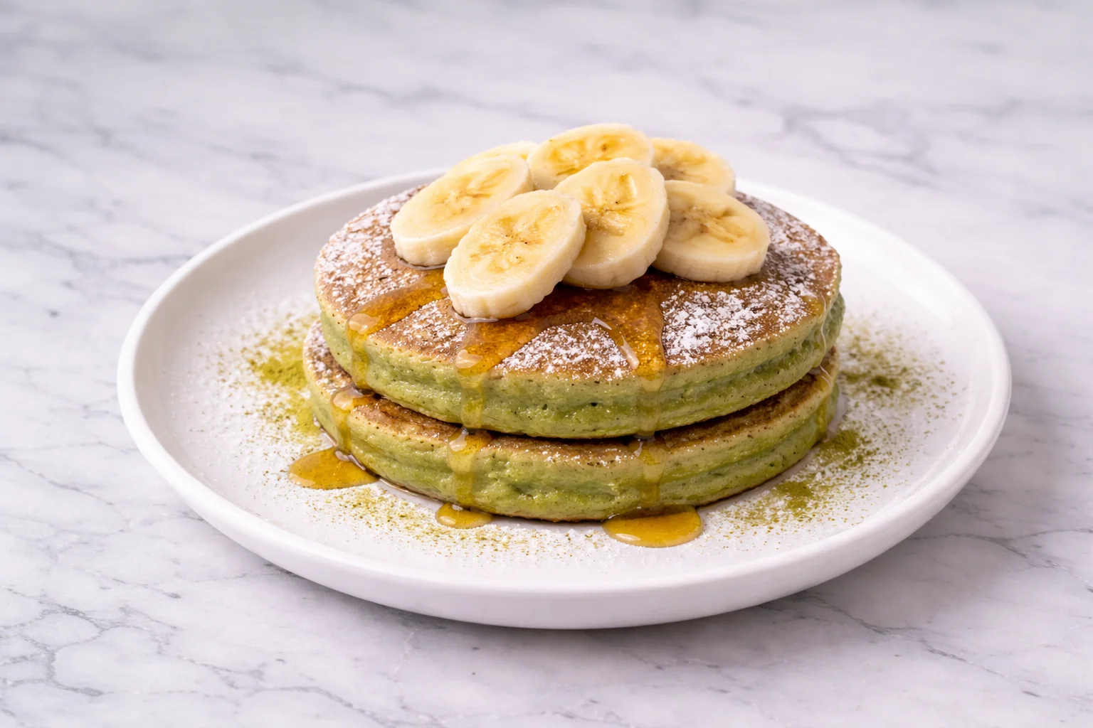 Fluffy green pancakes topped with sliced bananas and a drizzle of syrup, served on a white plate.