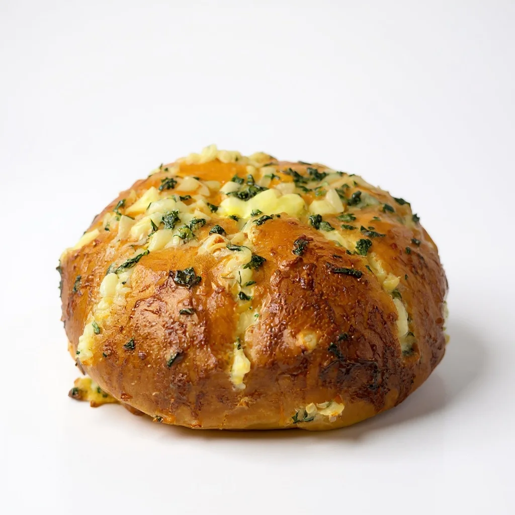 A round cheese bread topped with herbs and cheese, showcasing a golden-brown crust.