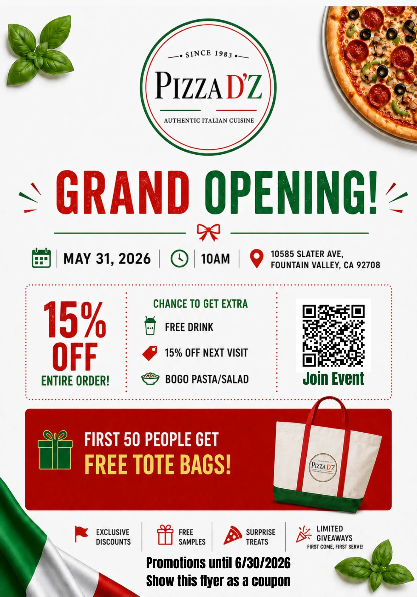 Grand opening flyer for Pizza D'Z with promotions and event details.