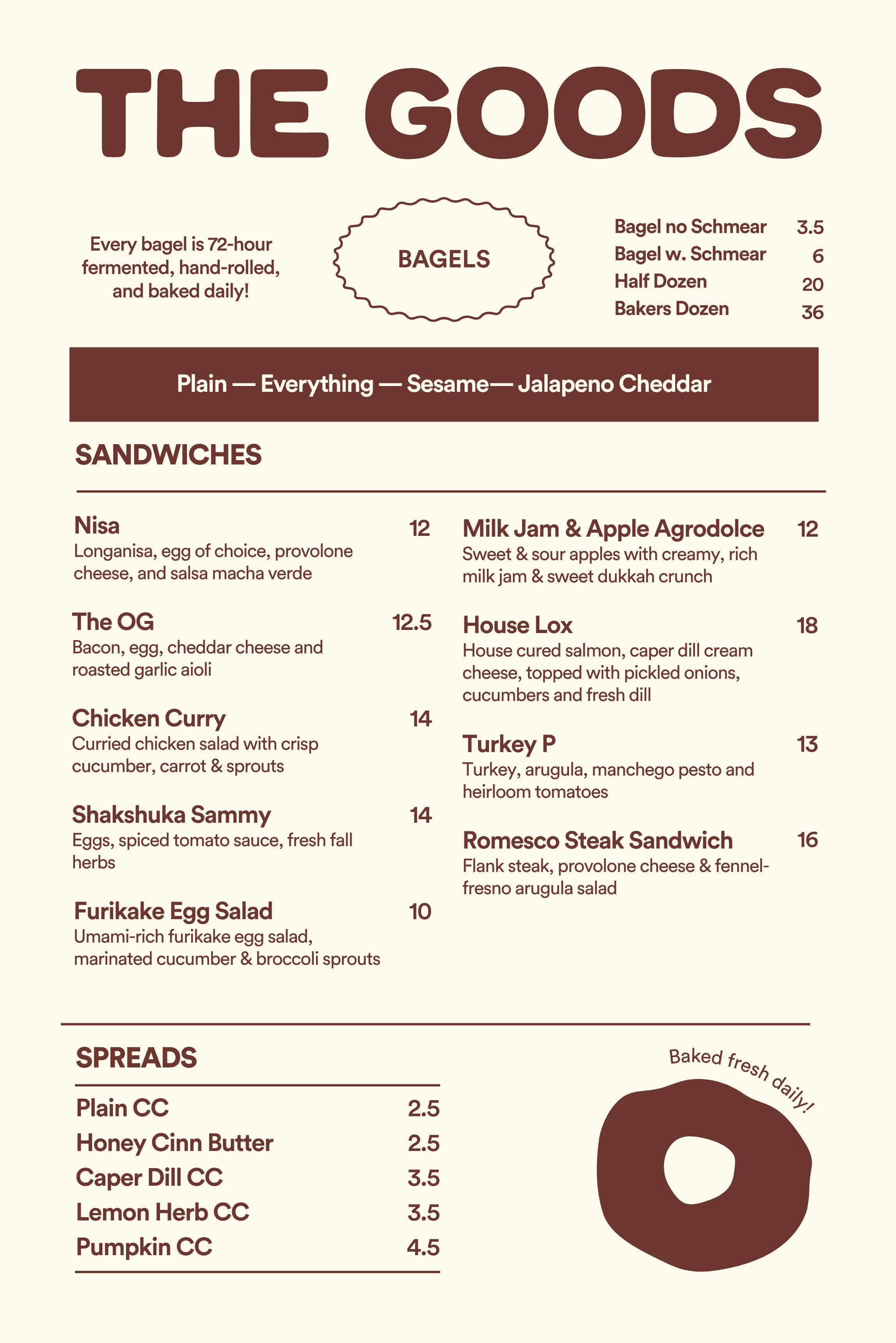 Menu featuring bagels and sandwiches with prices and descriptions.