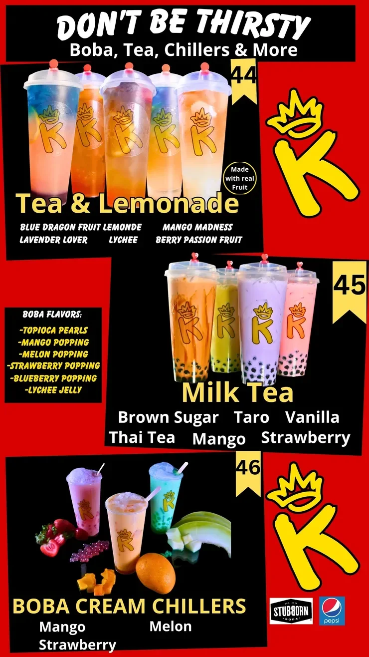 Colorful boba tea and lemonade drinks in a vibrant display