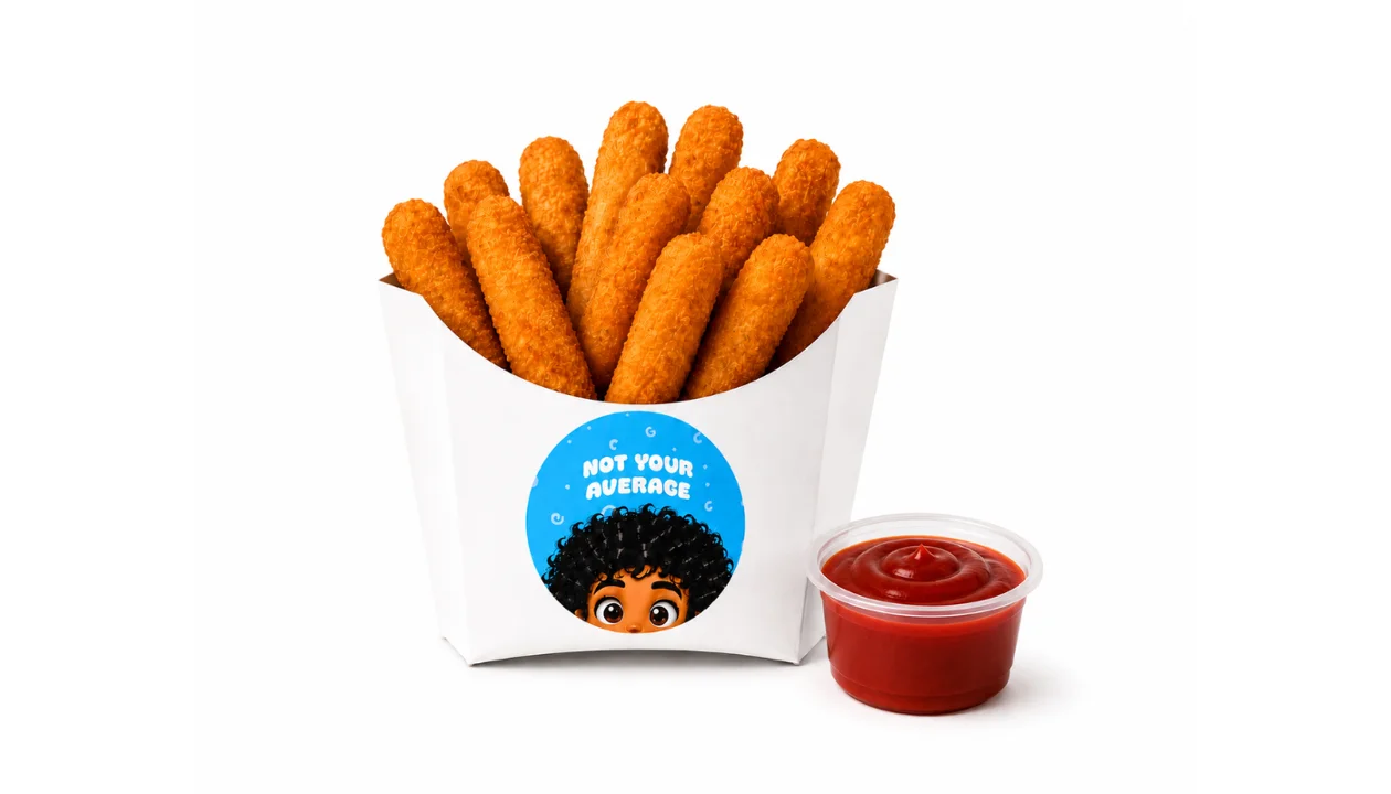 A white box filled with golden corn dog bites served with a small cup of red dipping sauce.
