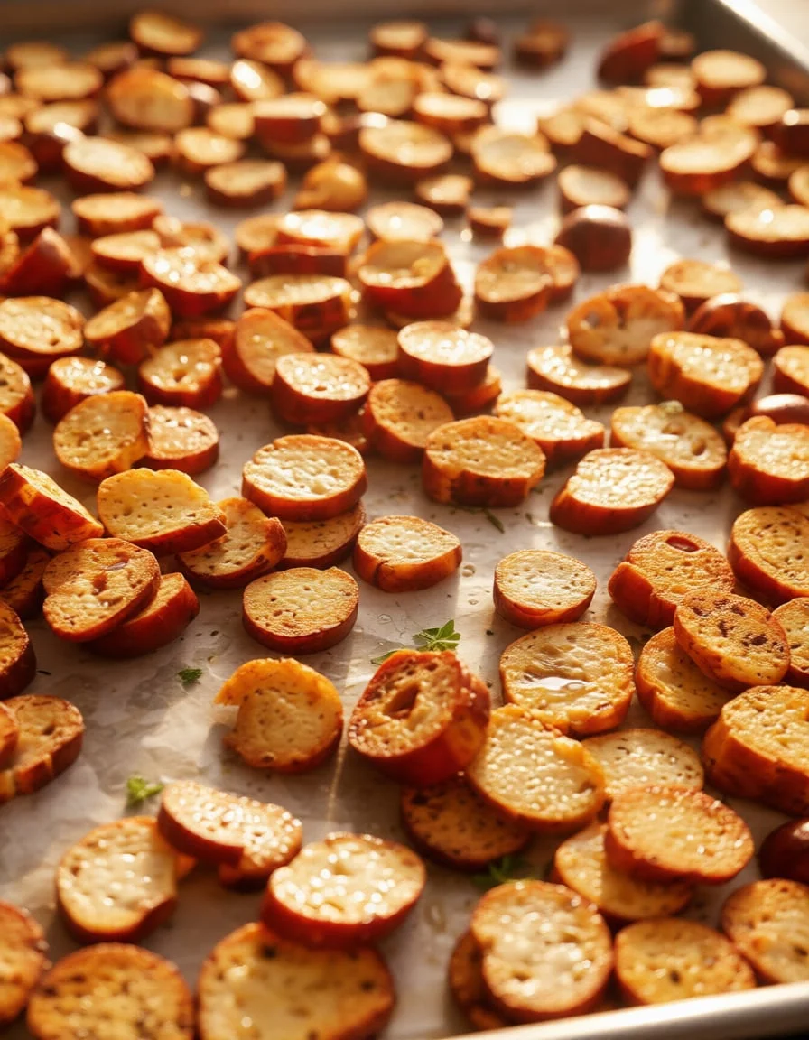 Crispy baked polenta rounds on a baking sheet