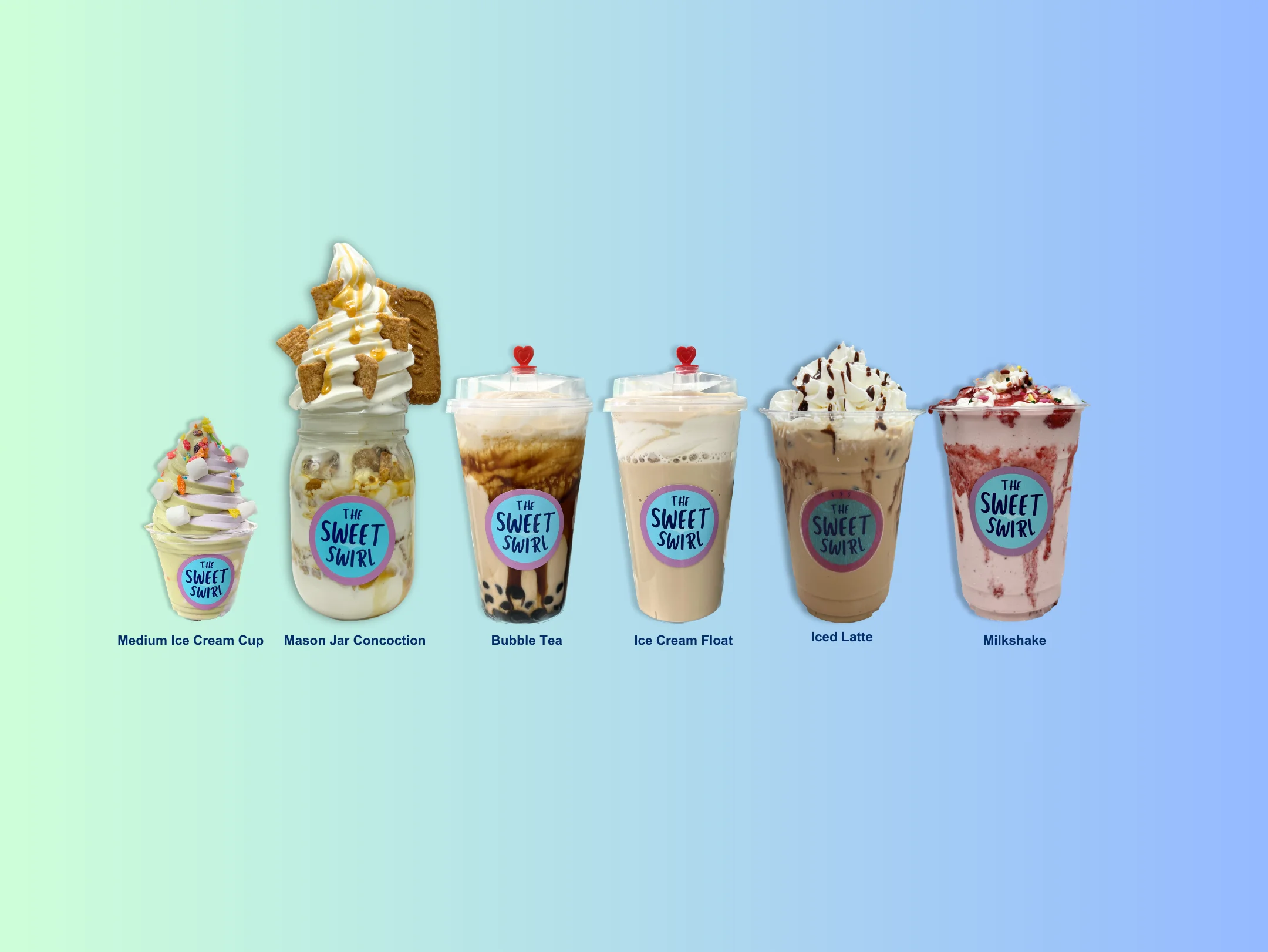 Variety of sweet beverages and desserts from The Sweet Swirl