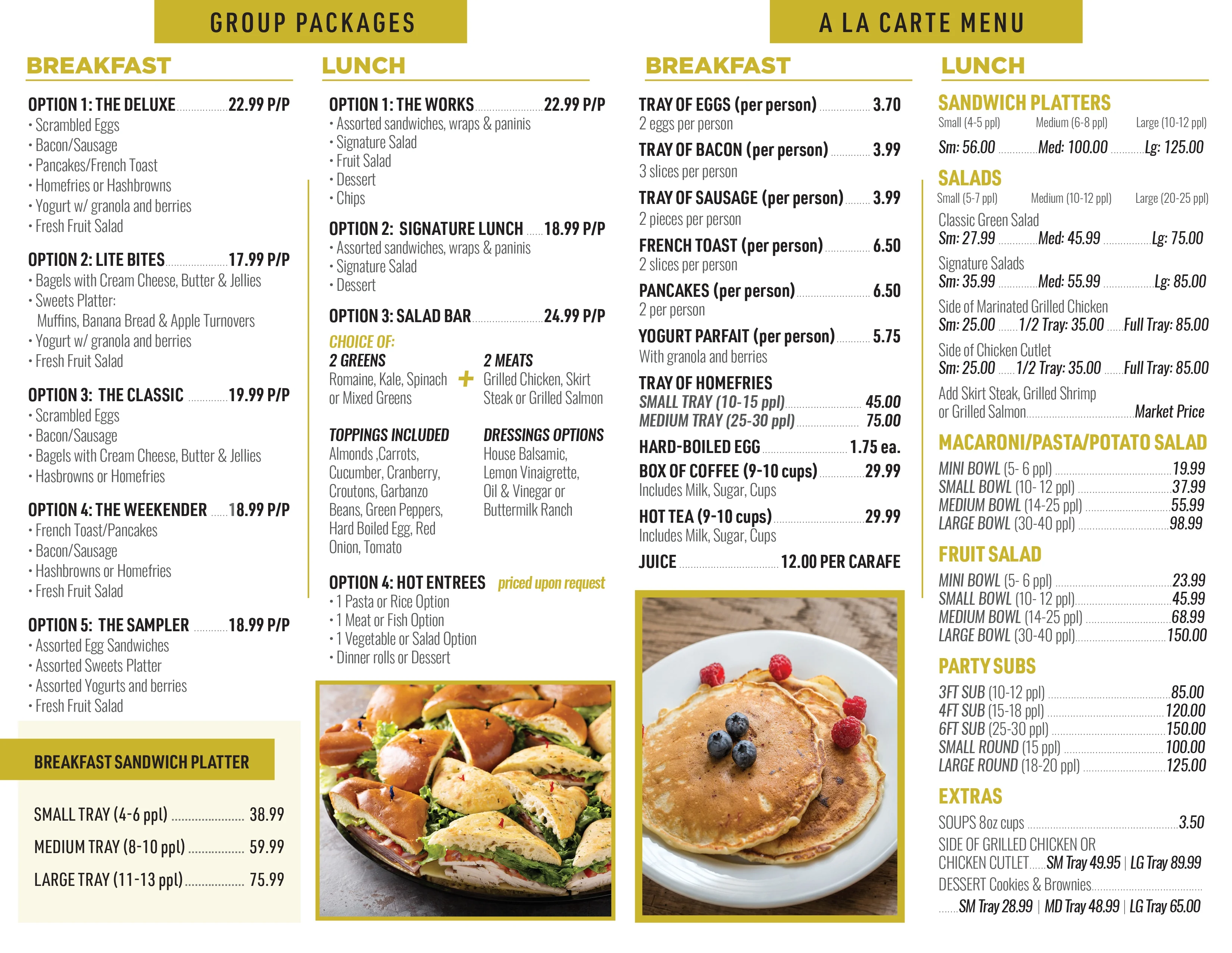 Catering menu showcasing various food options and pricing.