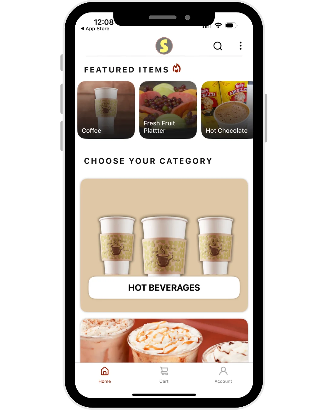Mobile app interface showcasing featured beverages and categories.