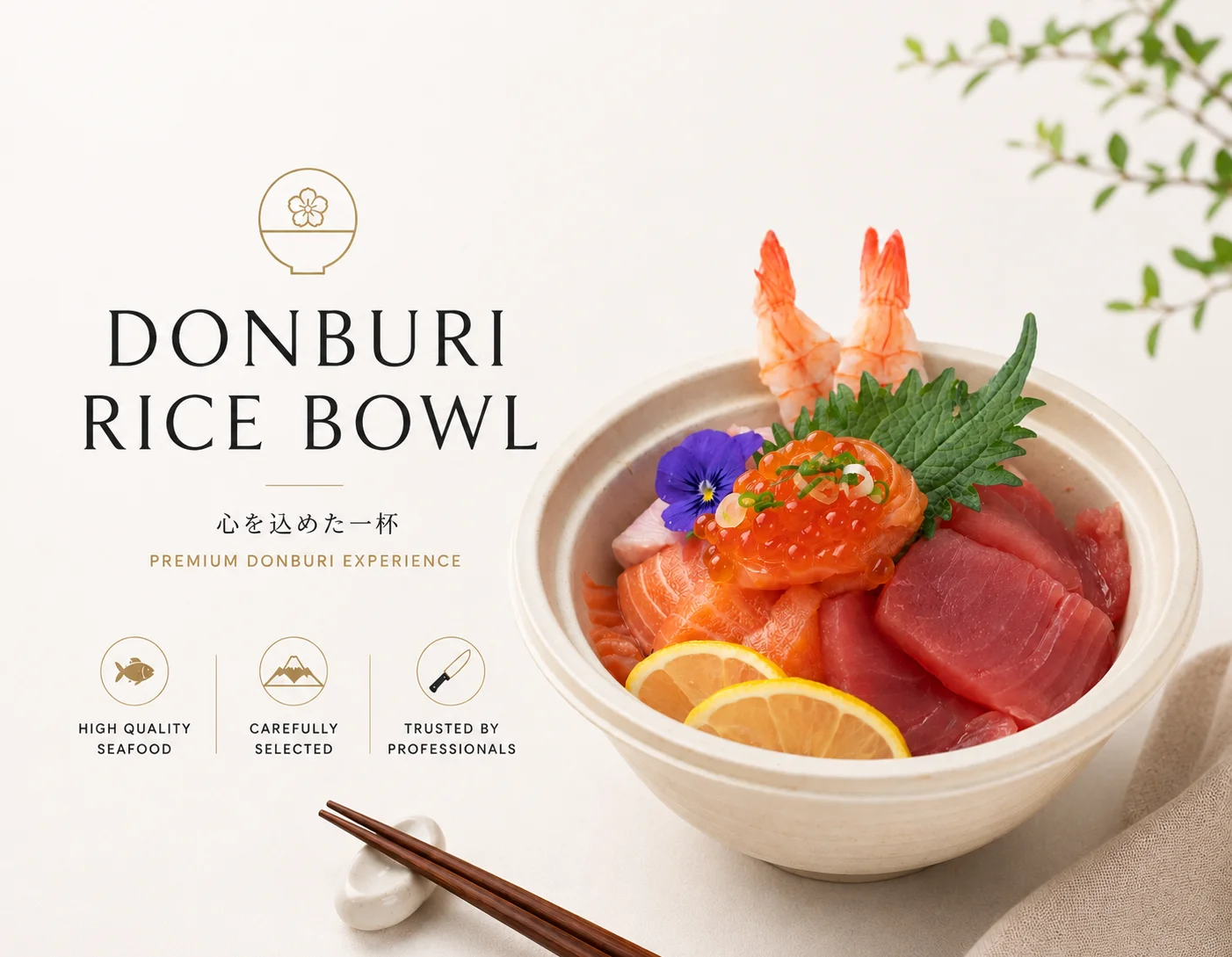 A beautifully arranged donburi rice bowl with fresh seafood and garnishes.