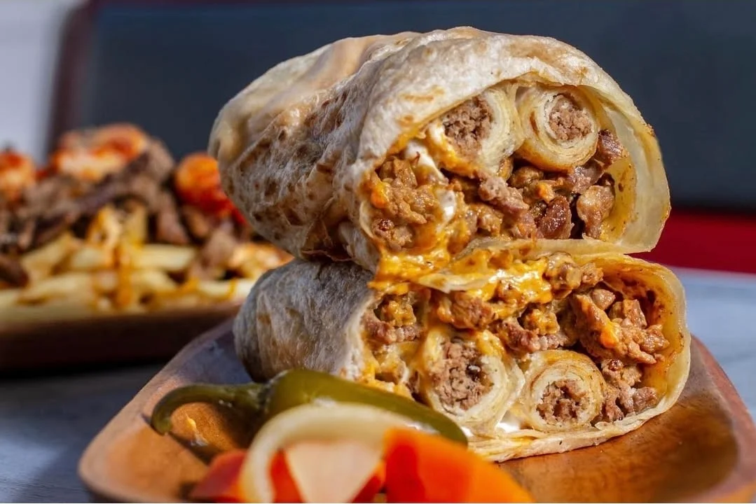 Loaded burrito with seasoned beef and cheese