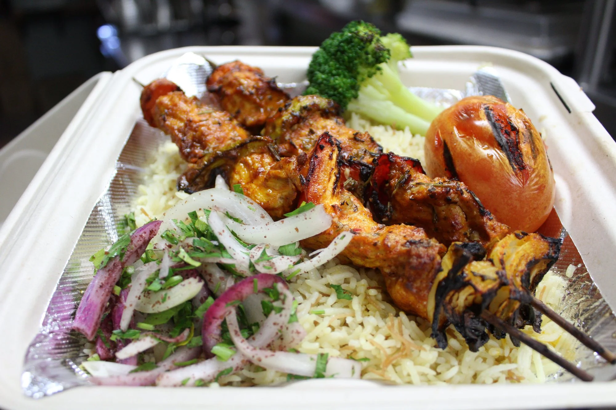 Chicken kabob plate packed to go at Khoury's