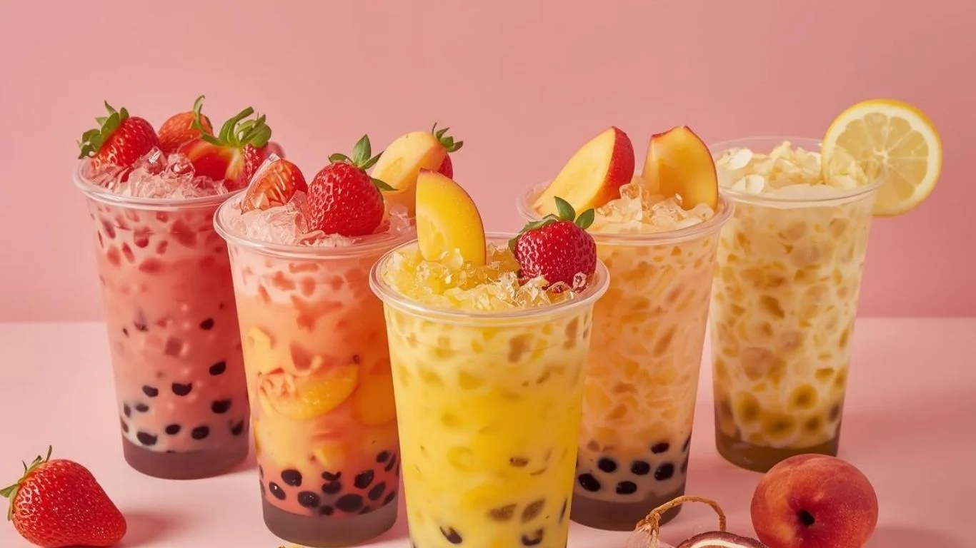 Colorful fruit tea drinks with boba and ice