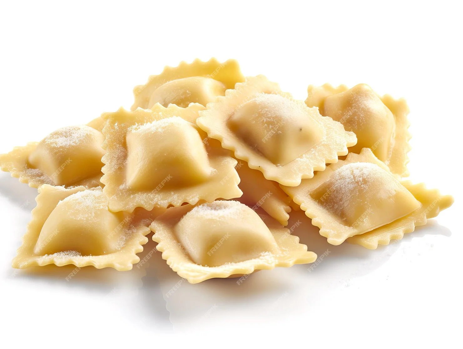 Freshly made Italian ravioli on a white background