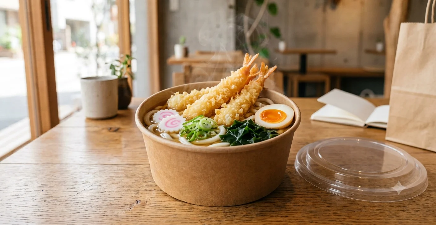 Japanese tempura udon with shrimp and egg