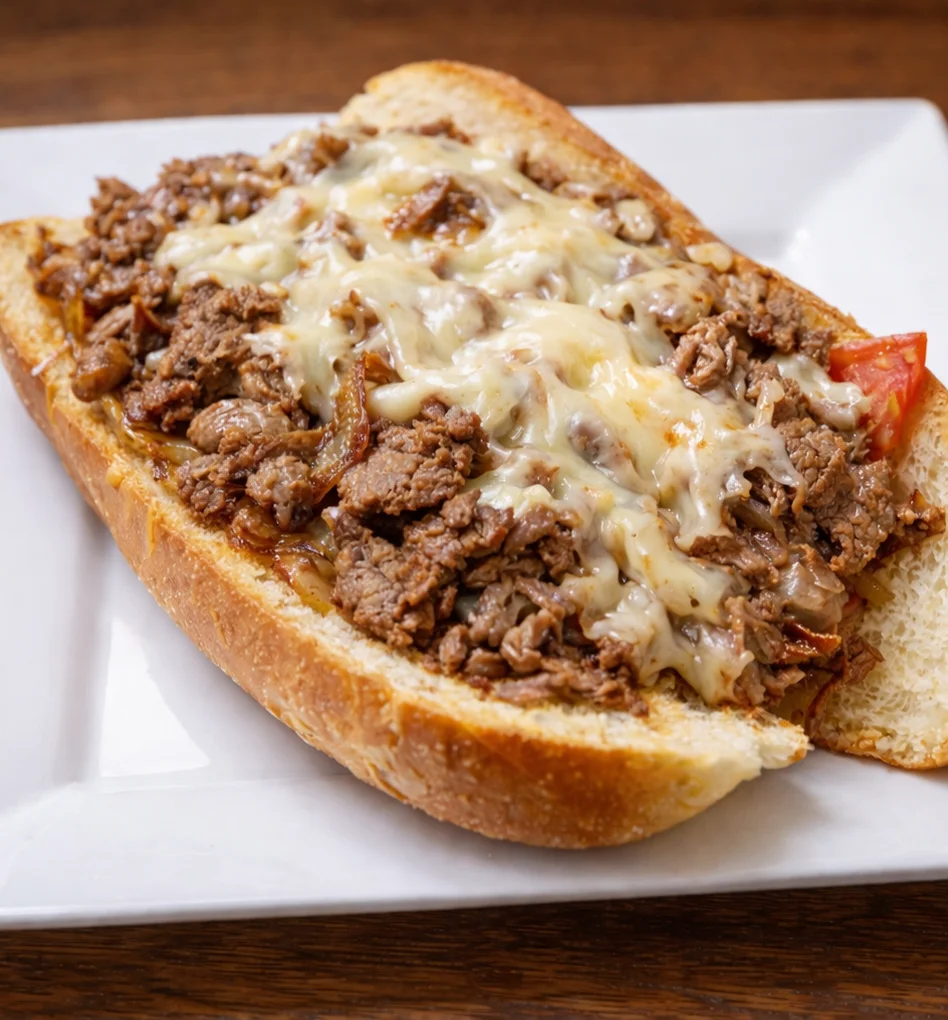 Classic Philly cheesesteak sandwich with melted cheese