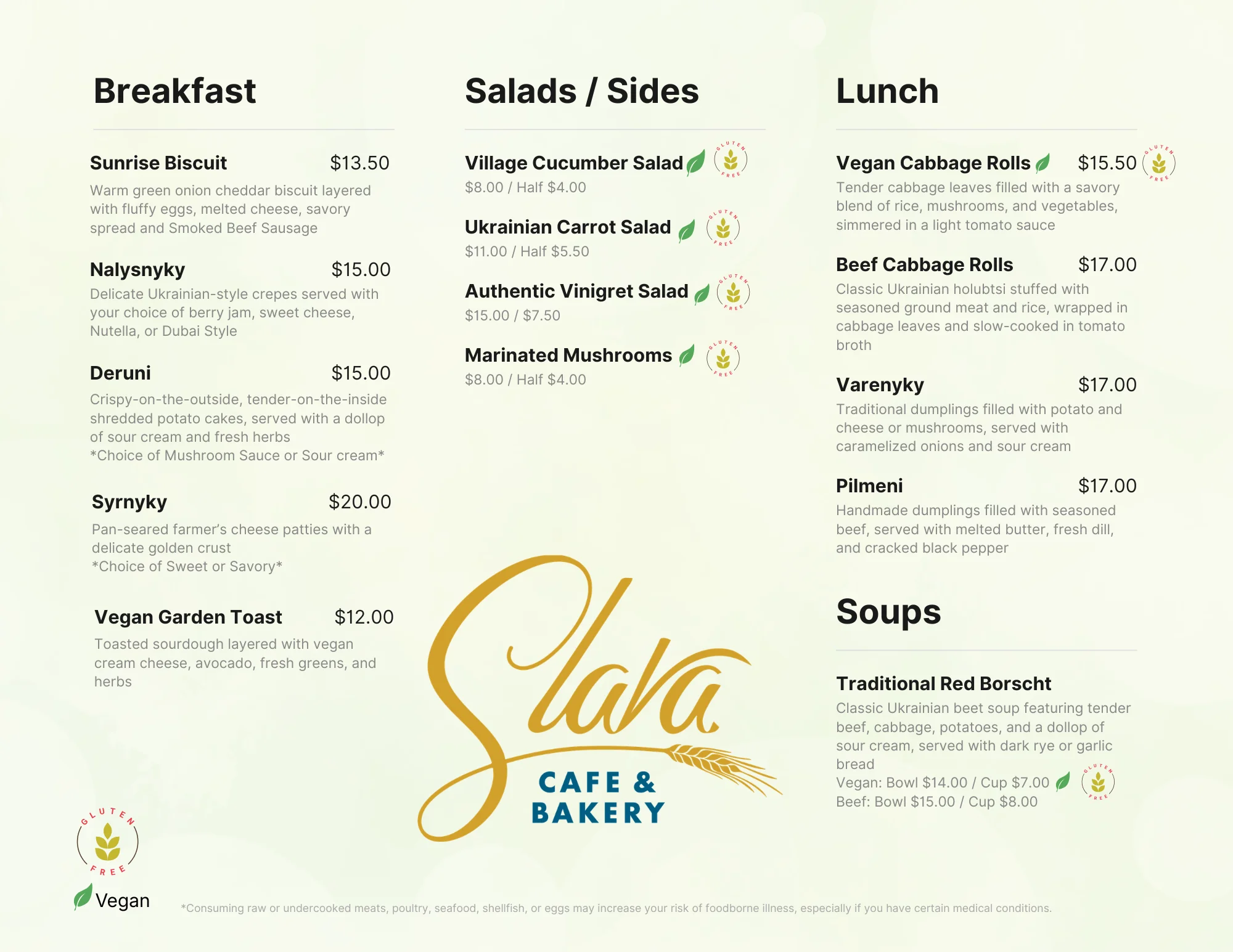 Ukrainian traditional dishes including borscht, cabbage rolls, and varenyky on a menu