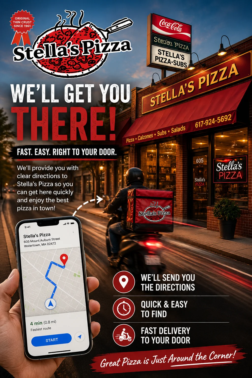 Stella's Pizza storefront with delivery bike and navigation app