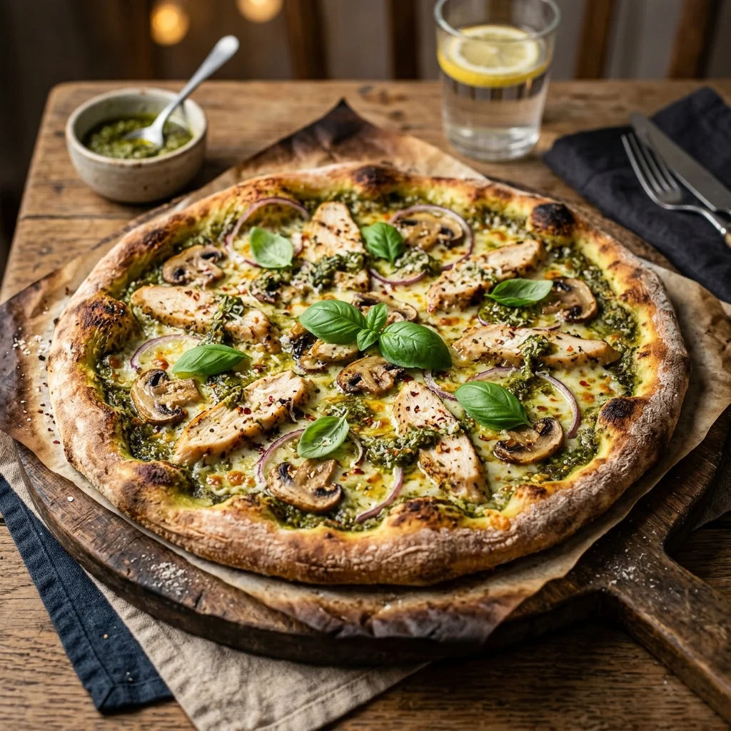 Pesto chicken pizza with fresh basil and mushrooms