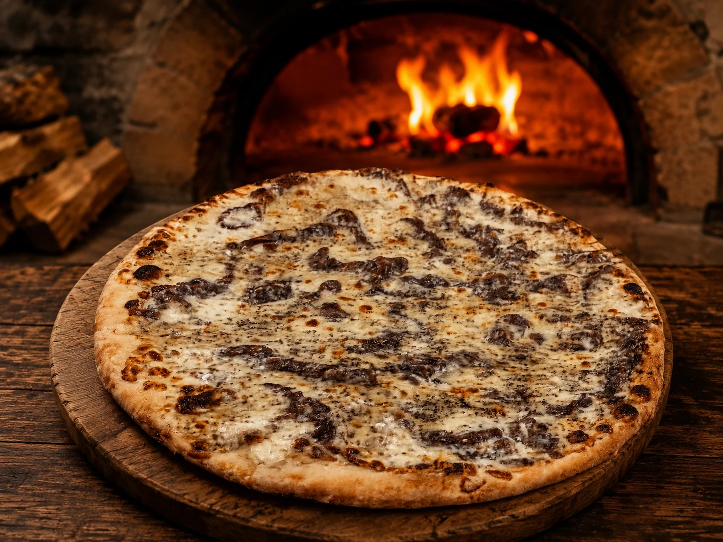 Wood-fired pizza with a crispy crust and melted cheese