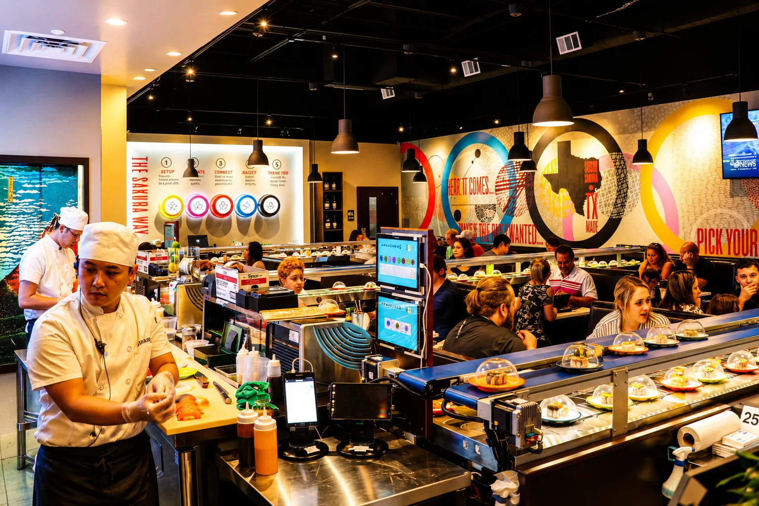 Modern sushi restaurant interior with vibrant decor