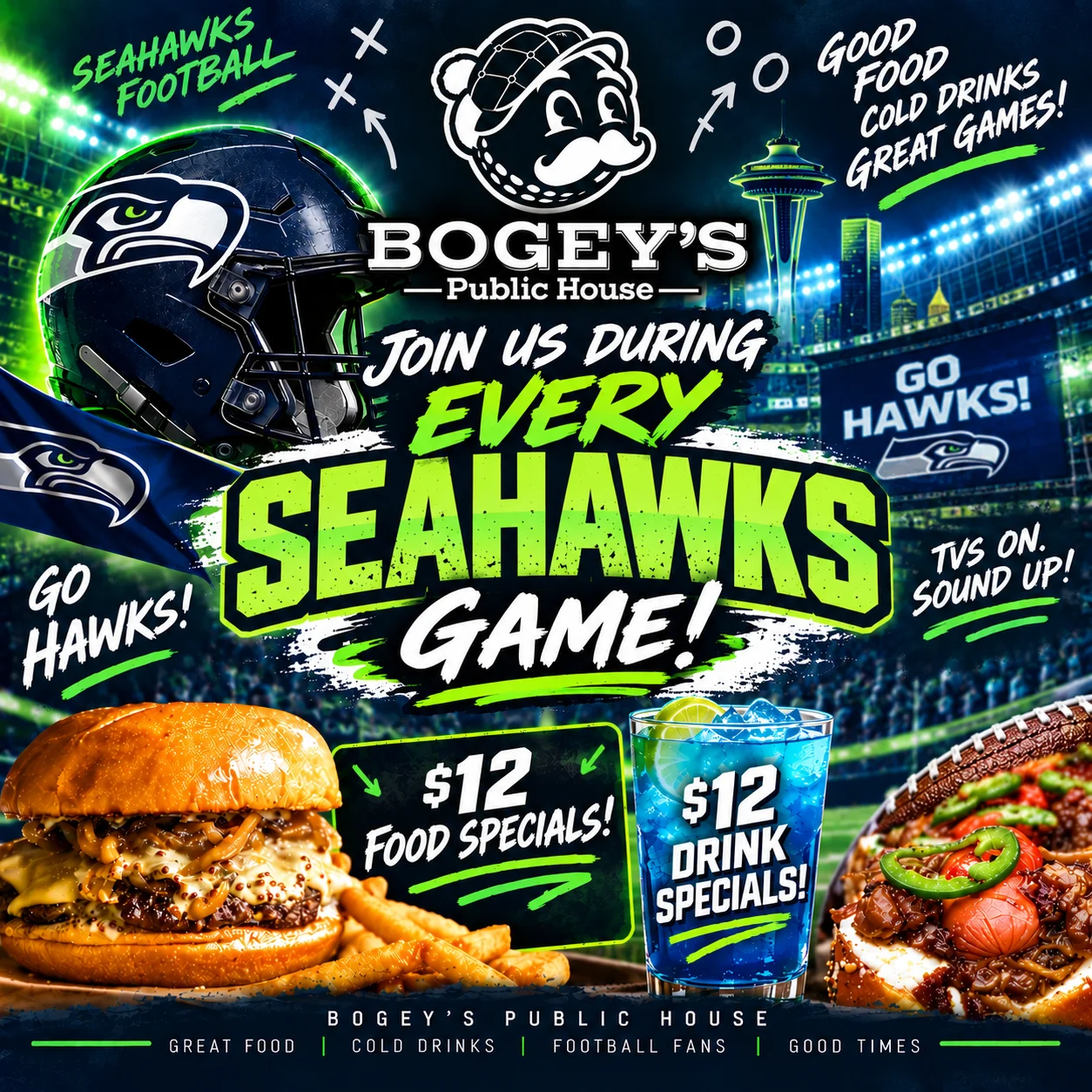 Juicy cheeseburger with fries at a sports bar during a football game