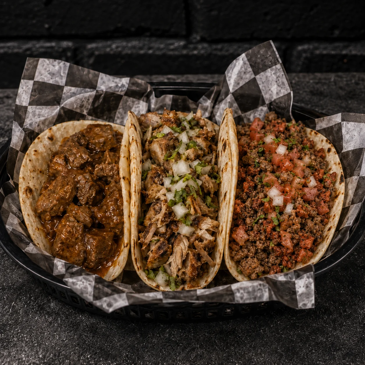 Authentic Mexican street tacos with various meats and toppings