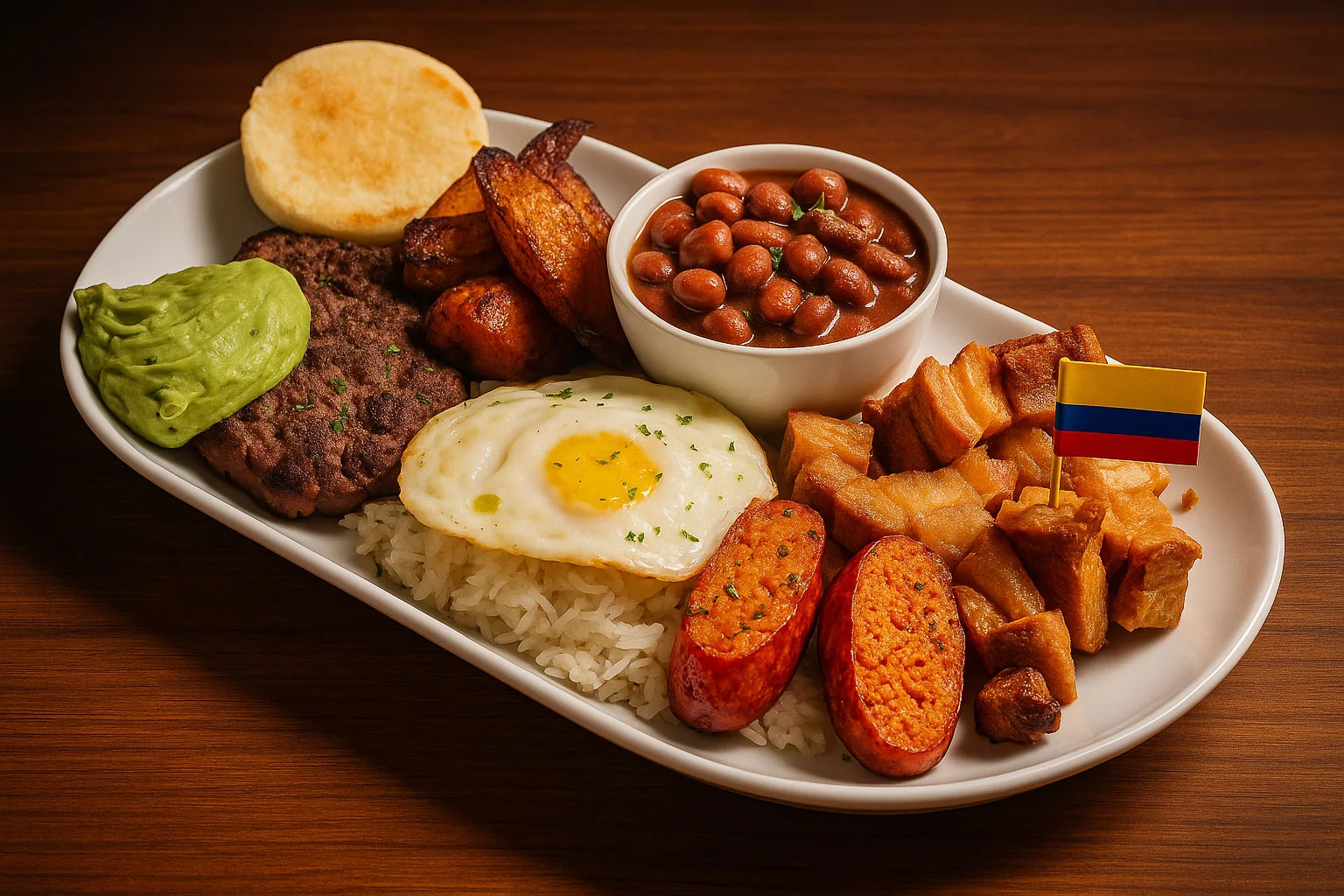 Colombian bandeja paisa with rice and beans