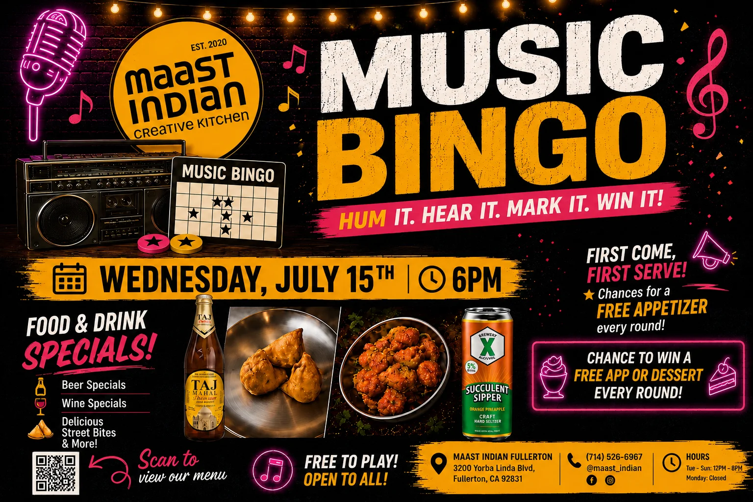 Trivia night at an Indian restaurant with food and drink specials
