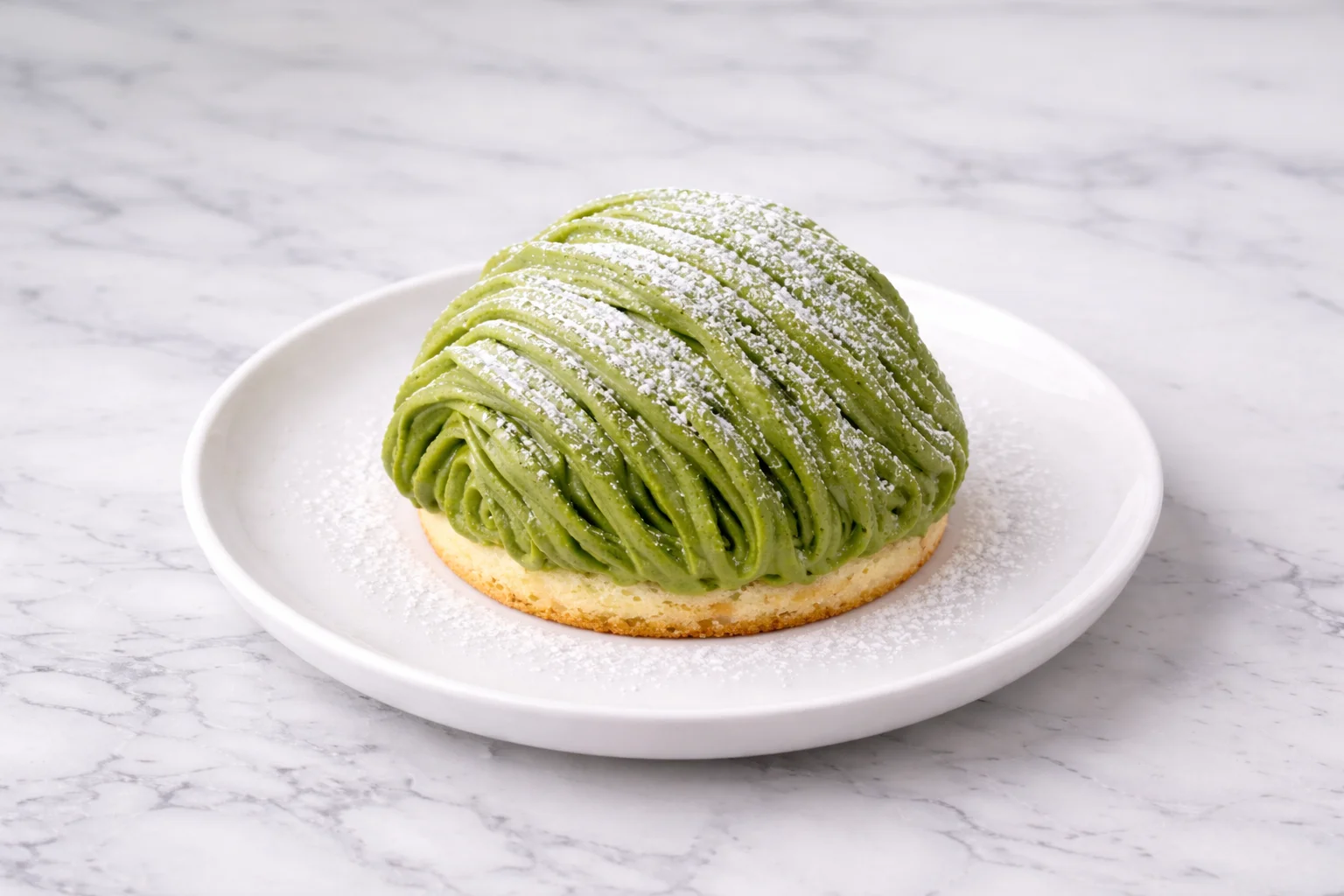 A delicate green dessert shaped like a dome, intricately layered and dusted with powdered sugar, placed on a white plate.
