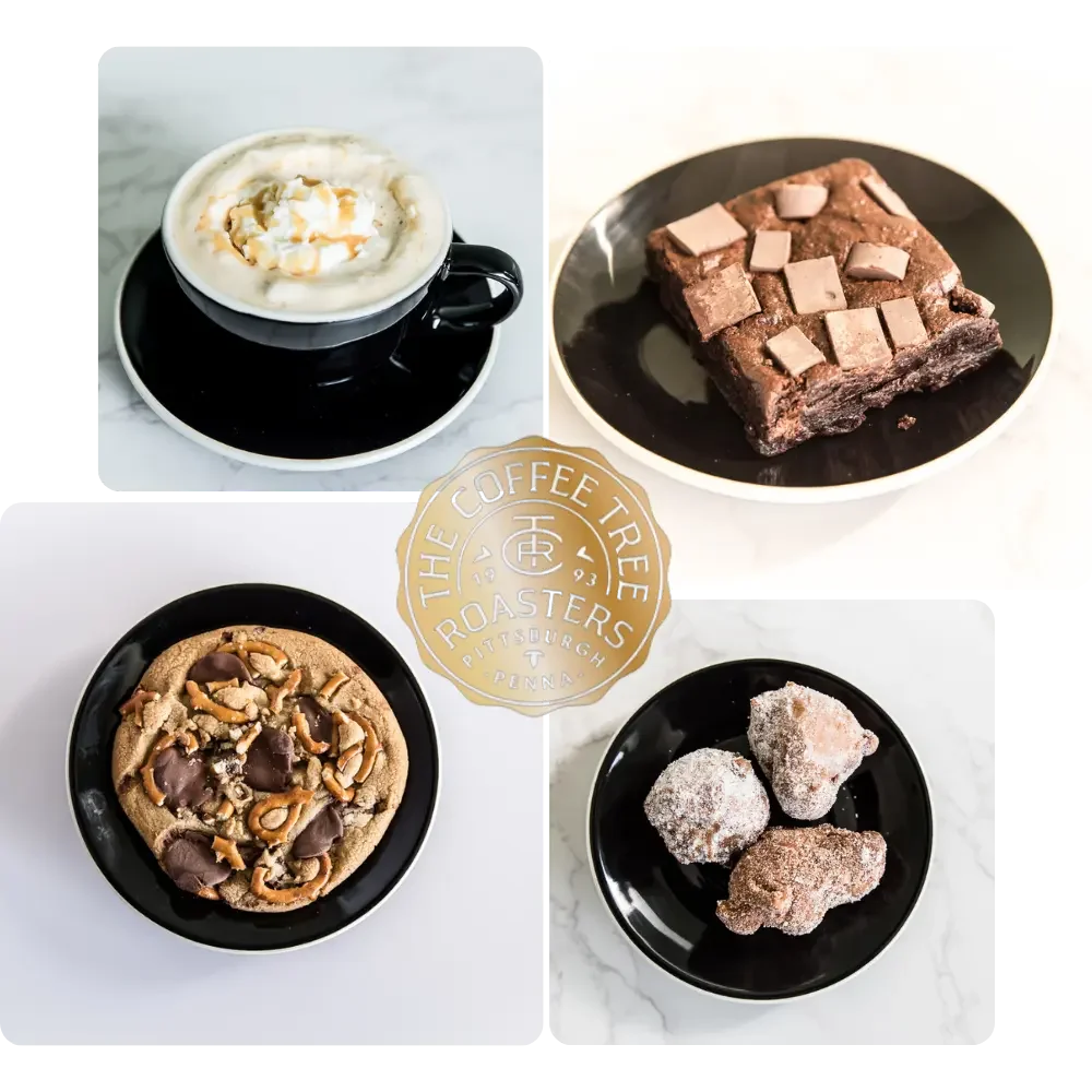 A grid of desserts and a drink on black plates: frothy cappuccino, chocolate chunk brownie, pretzel-topped cookie, and sugar-coated pastries. Coffee Tree Roasters logo in center.