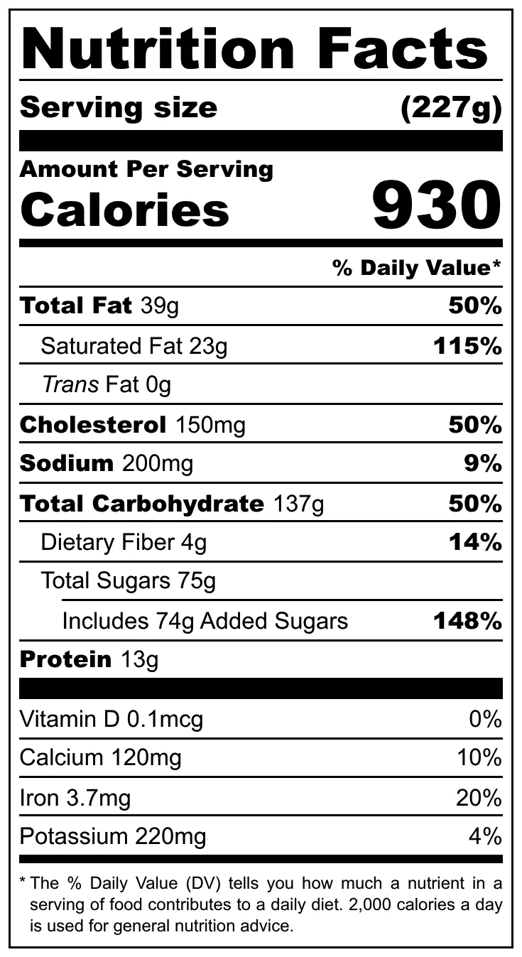 Nutrition facts label for a food product