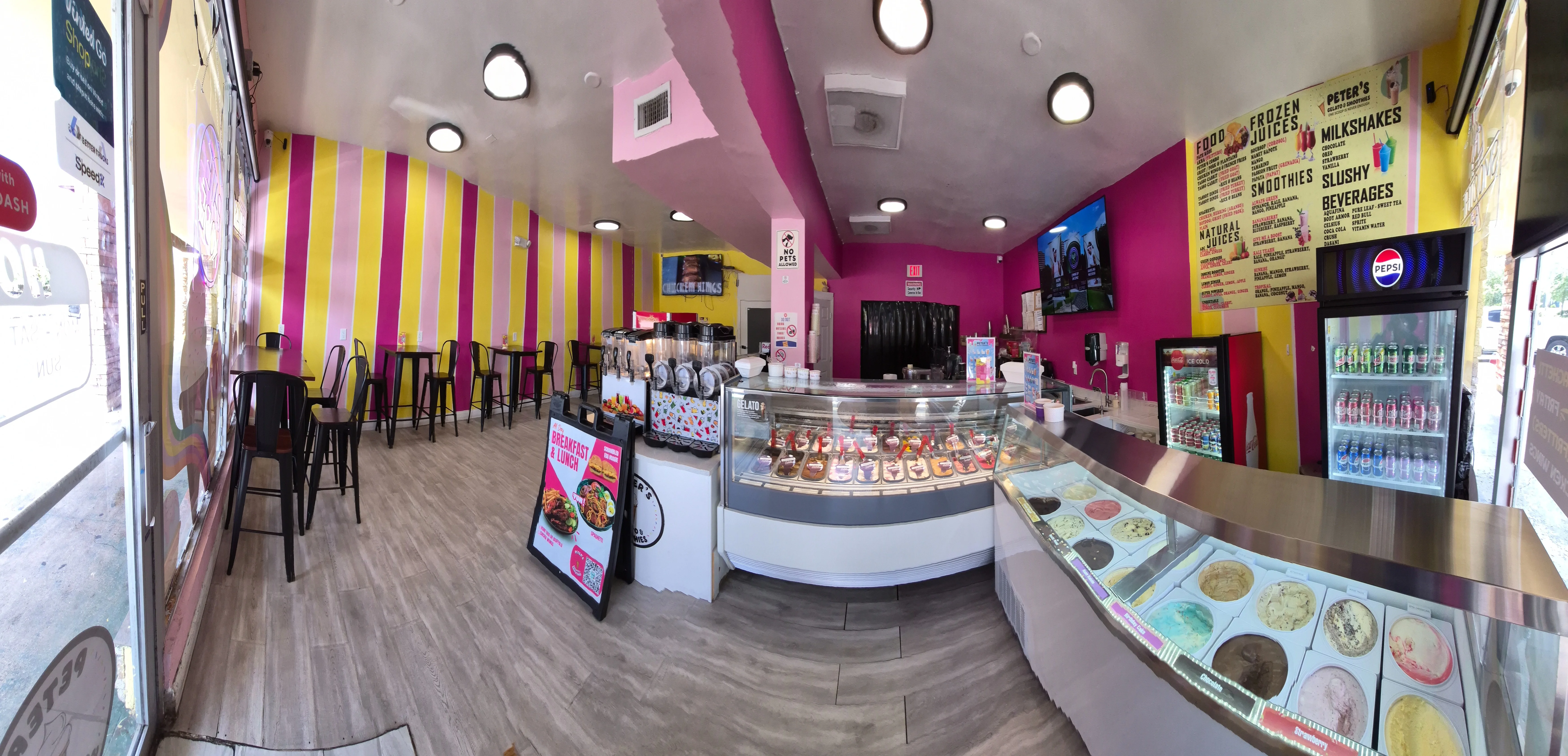 Colorful ice cream shop interior with gelato display