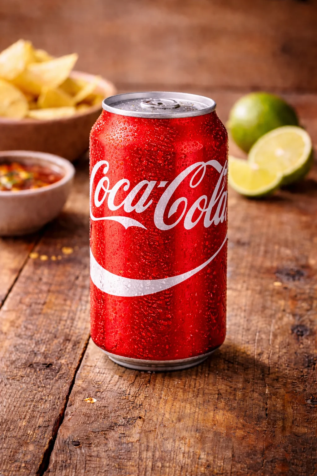 A red can of cola on a wooden surface, with tortilla chips and lime halves visible in the background.