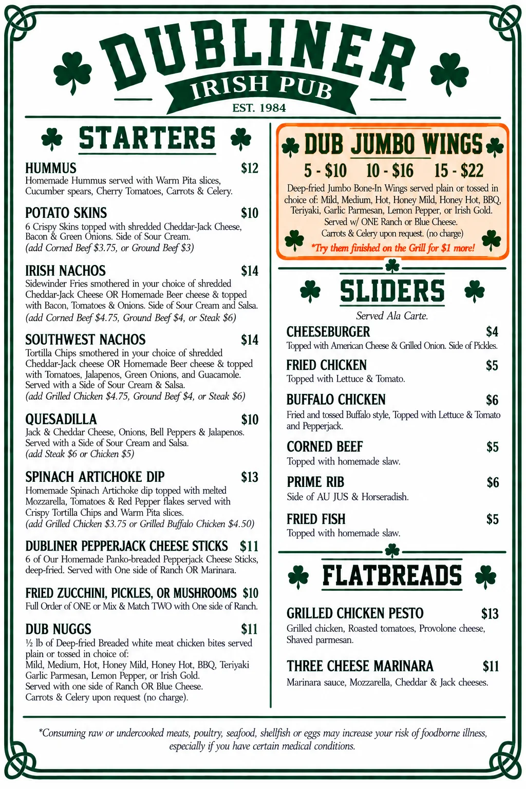 Irish pub menu featuring starters, sliders, and flatbreads