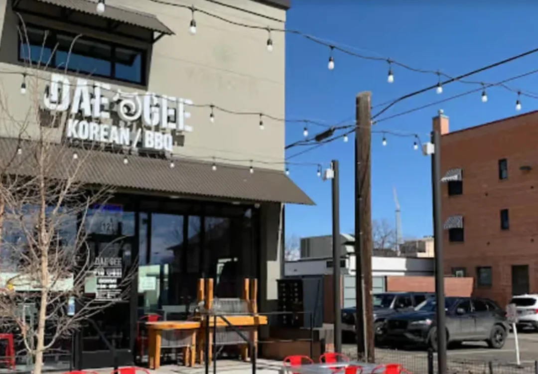 Exterior view of Dae Gee Korean BBQ restaurant with red accents