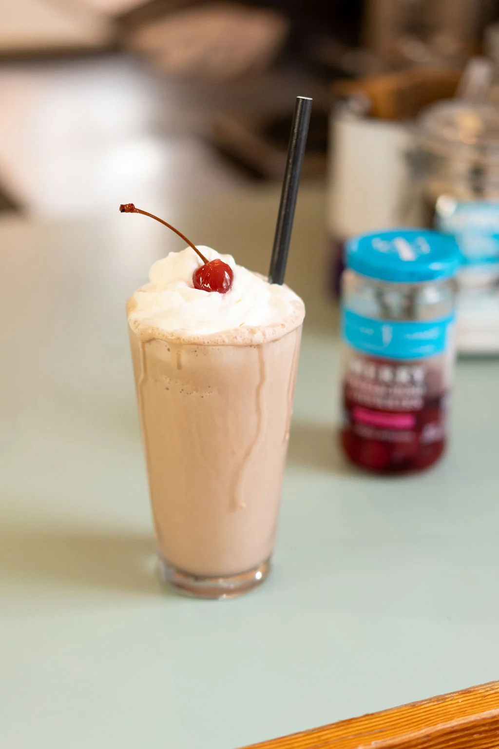 Chocolate milkshake made with local made Cowlick's ice cream at Frankie's Pizza & Ice Cream in Mendocino, California