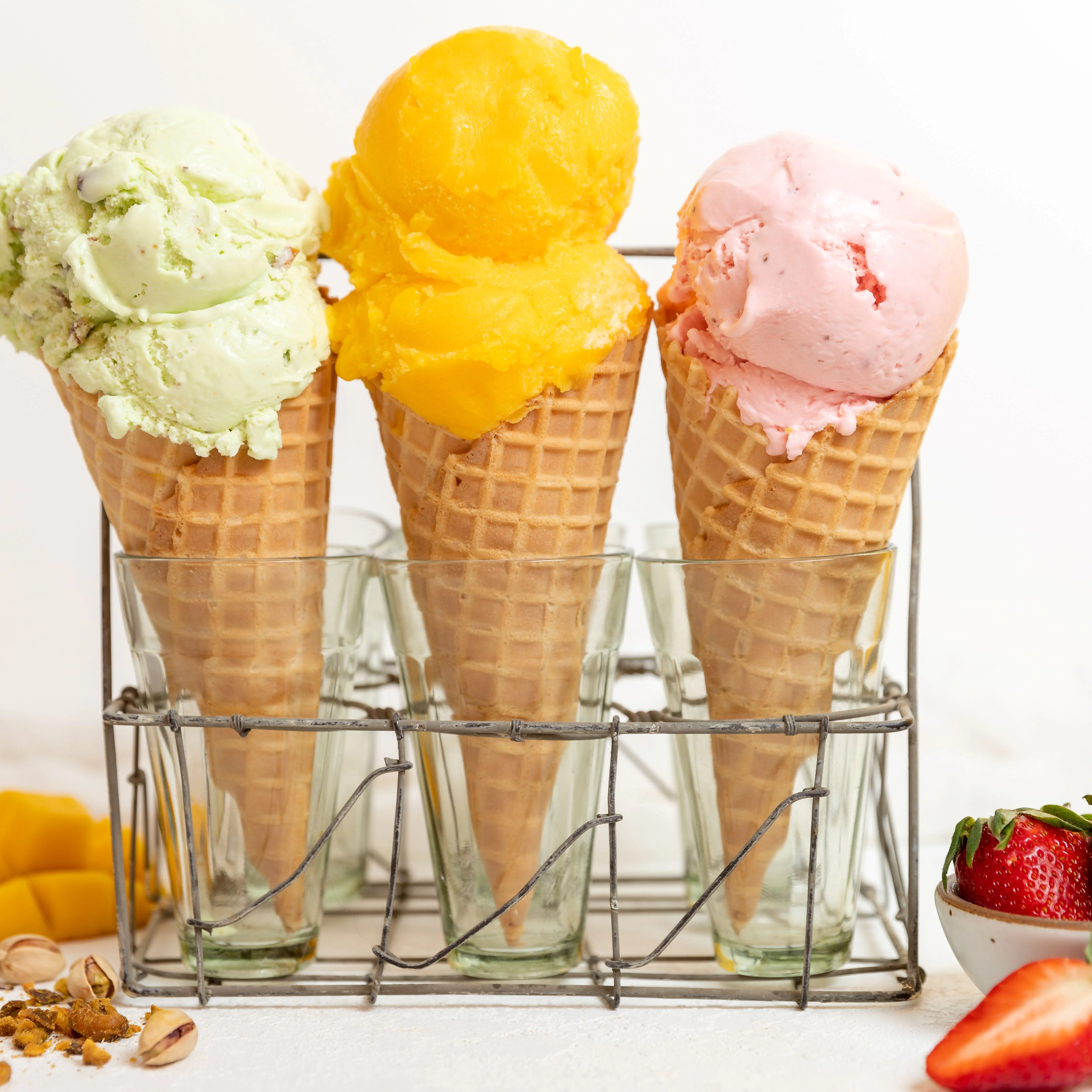 Colorful ice cream cones in a rustic display