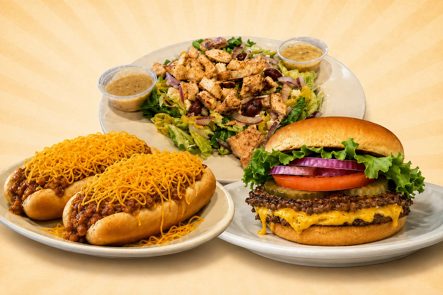 Classic American cheeseburger with chili cheese dogs and garden salad