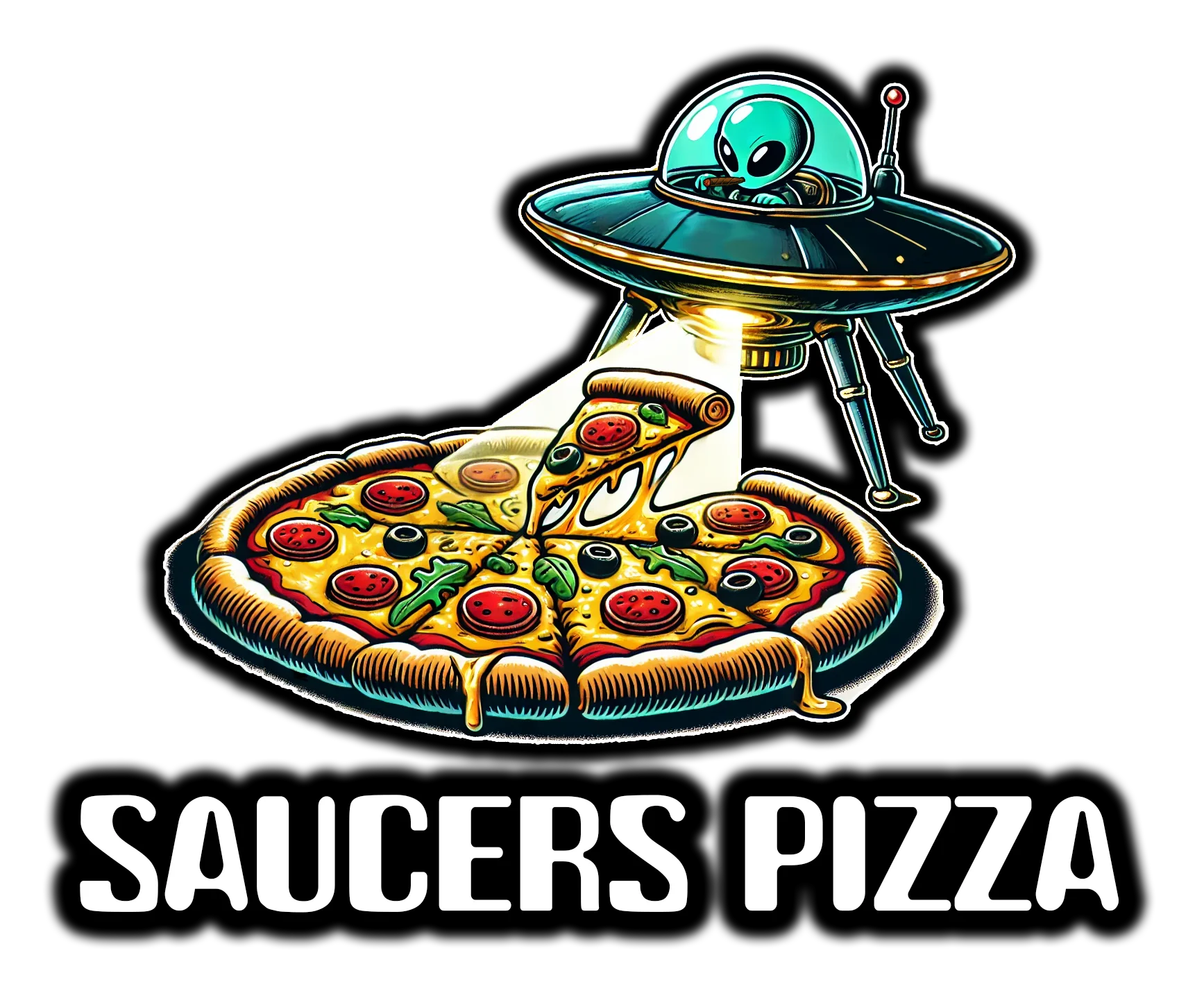 Whimsical alien-themed pizza illustration